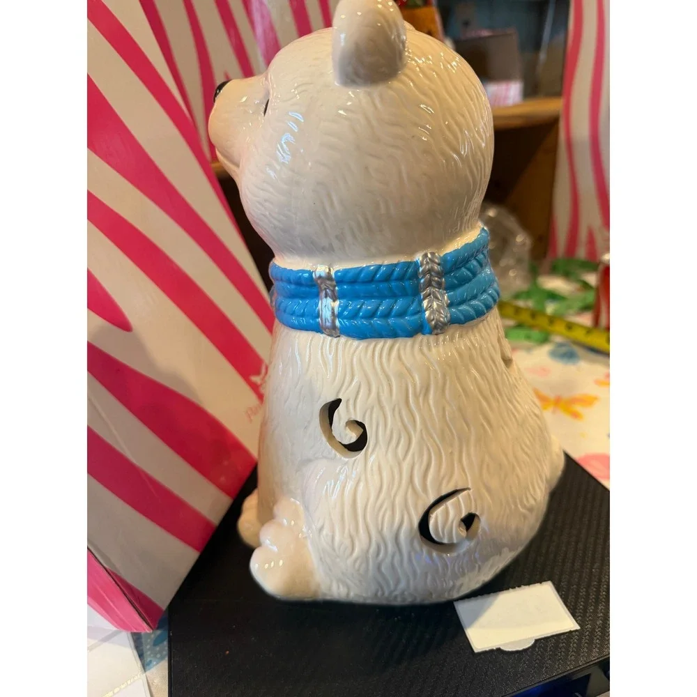 Pink Zebra Retired Polar Bear Ceramic Candle Luminary White Blue Scarf